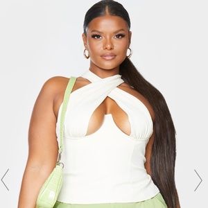 CREAM WOVEN CROSS OVER ZIP TOP